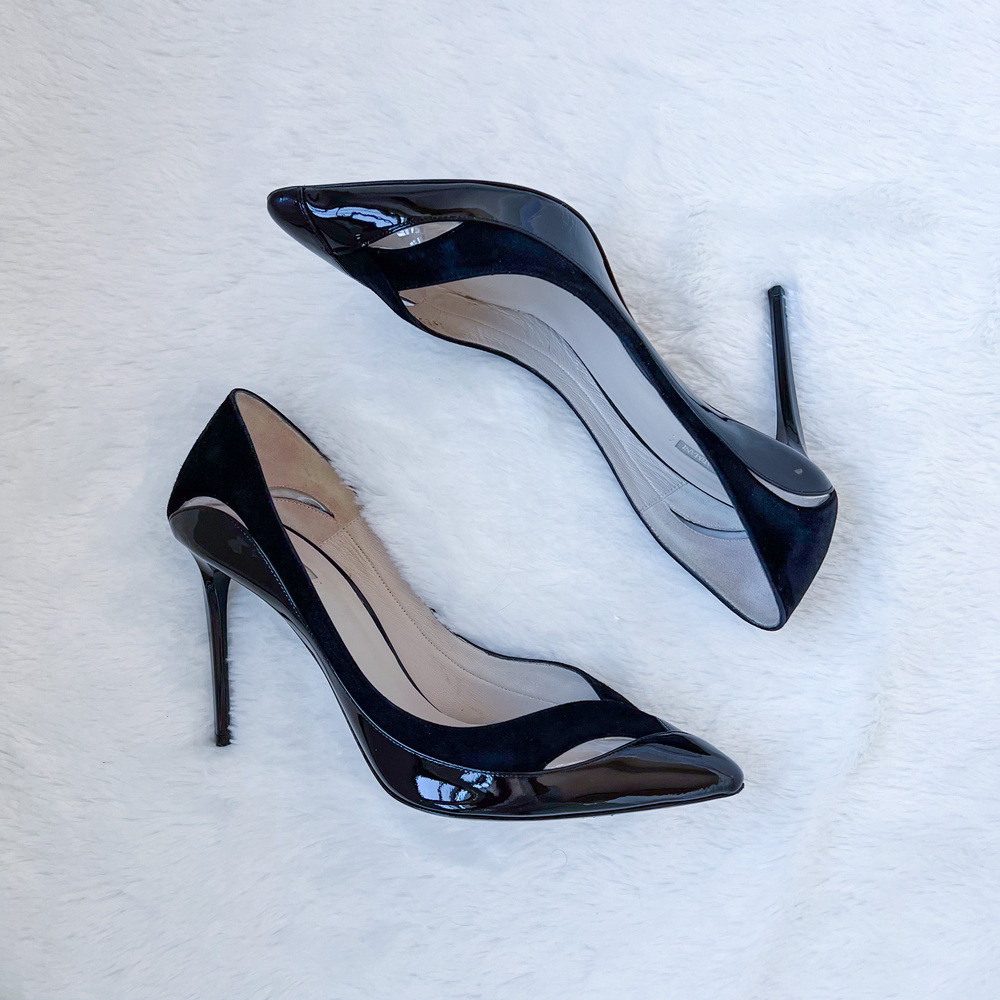 Giorgio Armani Black Patent Leather Suede Pump Heels Size 9.5 EU 39M X1E533 - Picture 3 of 12